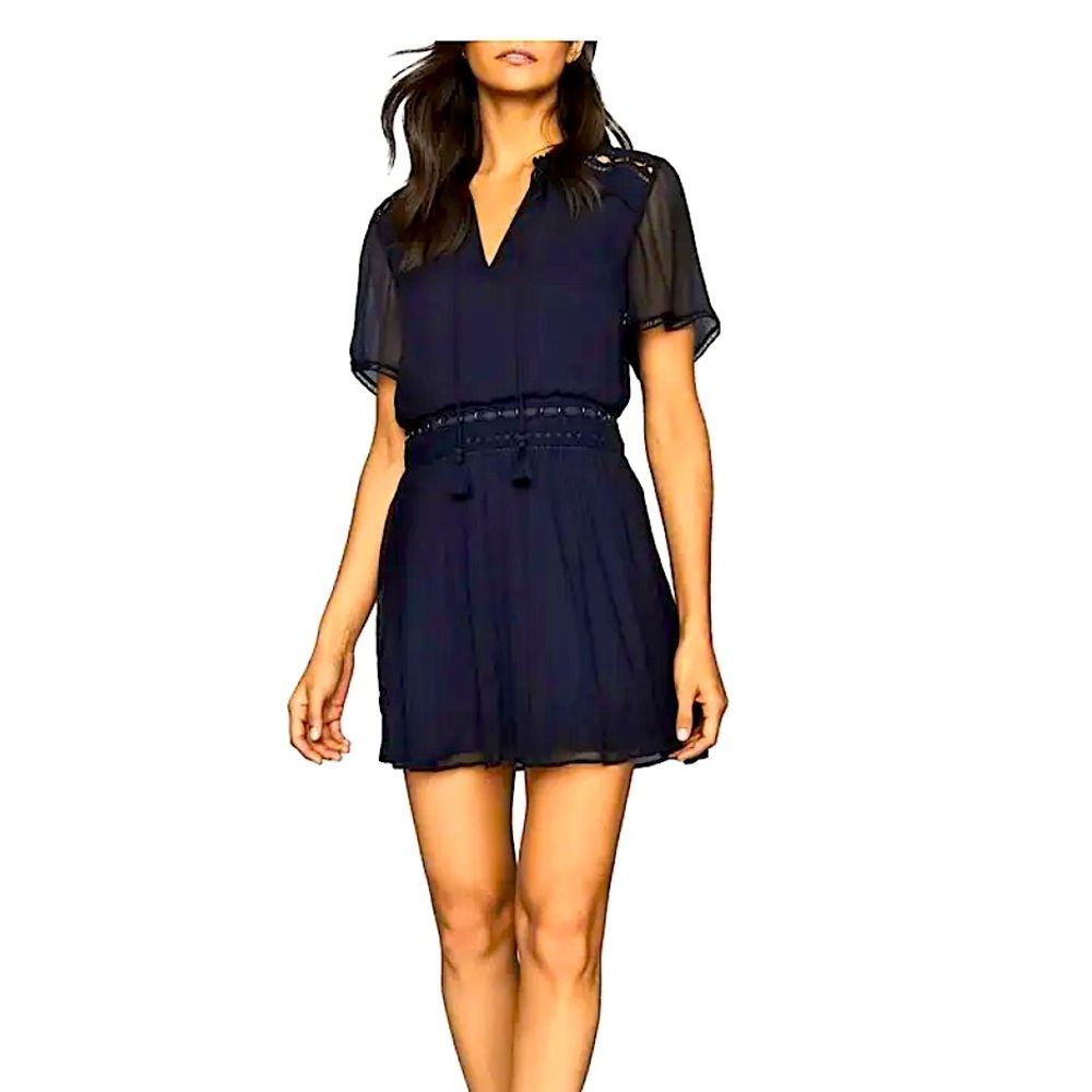 REISS Sam Embroidered Split Neck Dress Sz. 6 Navy